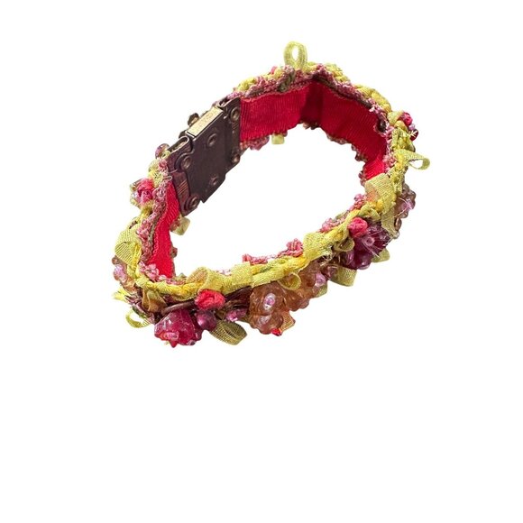 Unknown Jewelry - Vintage Beaded Bracelet With Brass Clasp Pink & Green Glass Beads Ribbon Details